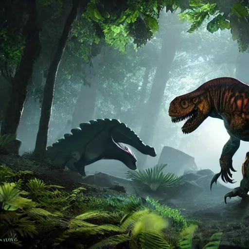 Image similar to realistic dinosaur walking through a jungle, atmosperic, dramatic lighting, trending on artstation, ark survival evolved