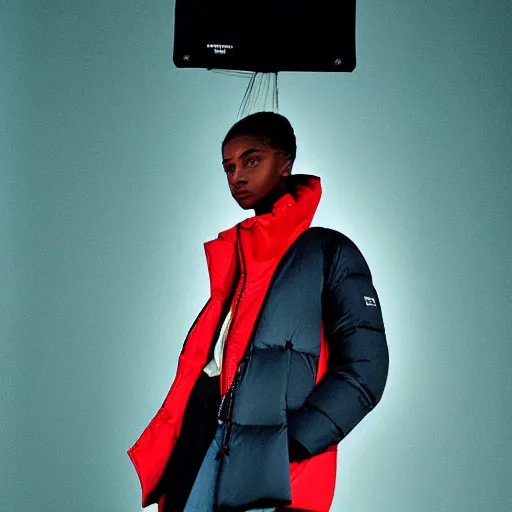 Image similar to realistic! photoshoot for a new balenciaga lookbook, color film photography, portrait of a beautiful woman wearing a puffer jacket, photo in style of tyler mitchell, 35mm