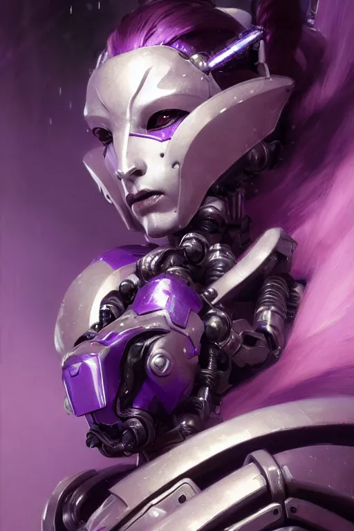 Image similar to extreme close up, facial portrait, woman with a long black ponytail in purple sci - fi armor, kitsune mask on head, mechanical armor, cybernetic hands, striking pose, portrait dnd, painting by gaston bussiere, craig mullins, greg rutkowski, yoji shinkawa