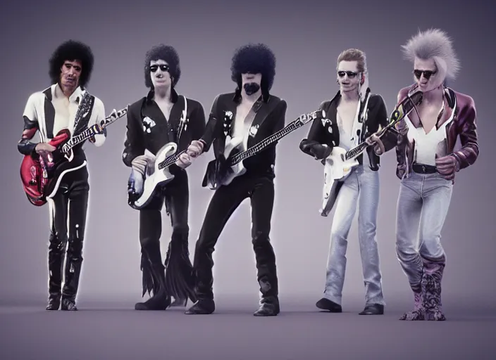 Prompt: david bowie, john lennon, freddy mercury and jimi hendrix on stage together, 8 k 3 d octane render,