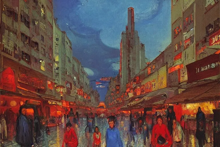 Image similar to dream festival in a city, low angle view from a city street lined with shops and apartments, glowing street signs, revelers playing games and shopping at a night market, oil painting by edvard munch, beksinski, city like hong kong, tokyo, barcelona