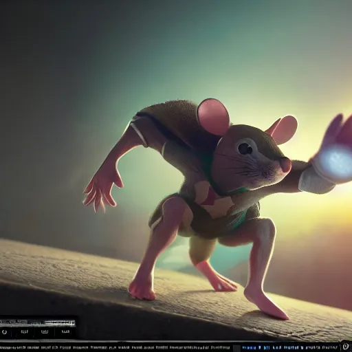 Image similar to full body pose, hyperrealistic photography of superhero mouse, dim volumetric lighting, 8 k, octane beautifully detailed render, extremely hyper detailed, intricate, epic composition, cinematic lighting, masterpiece, trending on artstation, very very detailed, masterpiece, stunning, hdr, smooth, sharp focus, high resolution, award, winning photo, dslr, 5 0 mm