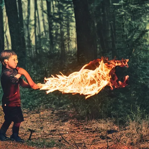 Image similar to A Boy with Fire power in the forest