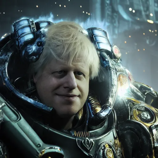 Prompt: Portrait of Boris Johnson as the emperor of humanity from warhammer 40k in Gears of War, splash art, movie still, cinematic lighting, dramatic, octane render, long lens, shallow depth of field, bokeh, anamorphic lens flare, 8k, hyper detailed, 35mm film grain