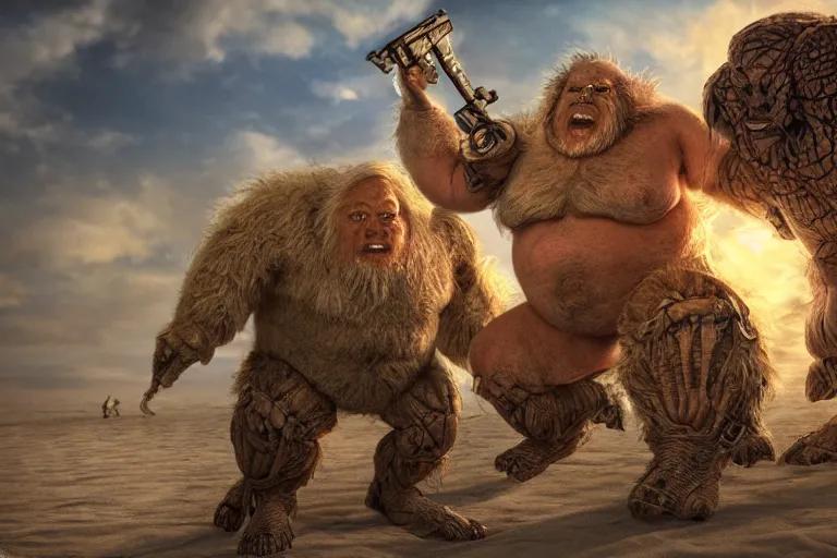 Image similar to photo, friends, man two old hairy fat ugly men! fighting alien monsters 4 0 1 2 9 on a beach, highly detailed, scary, intricate details, volumetric lighting, front view