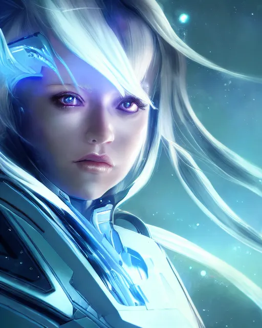 Image similar to perfect android girl on a mothership, warframe armor, beautiful face, scifi, futuristic, galaxy, nebula, raytracing, dreamy, long white hair, blue cyborg eyes, sharp focus, cinematic lighting, highly detailed, artstation, divine, by gauthier leblanc, kazuya takahashi, huifeng huang