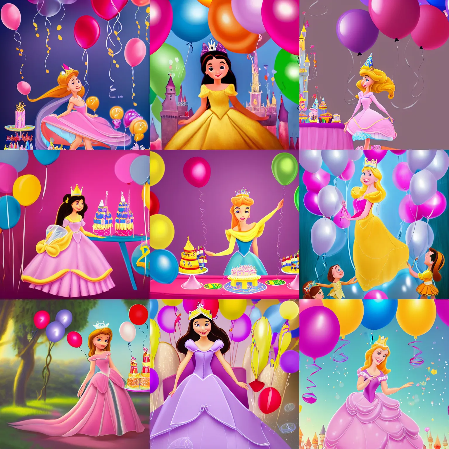 Prompt: a children's book illustration of disney princess sophia at her birthday surrounded by balloons and cake. brightly lit scene. this 4 k hd image is trending on artstation, featured on behance, well - rendered, extra crisp, features intricate detail, epic composition and the style of unreal engine.