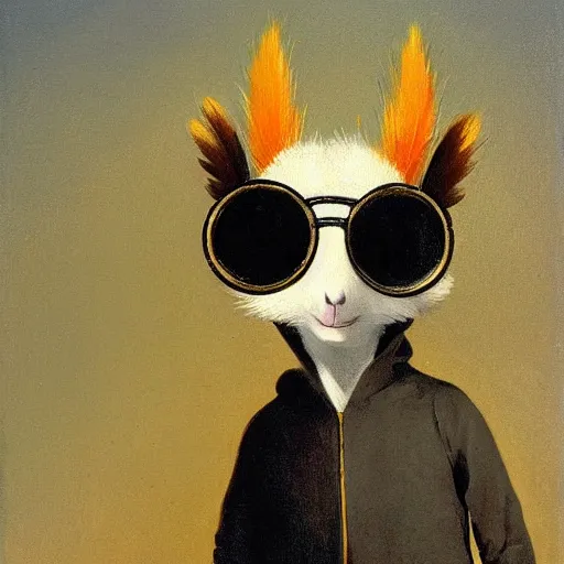 Prompt: anthropomorphic squirell wearing a hoodie and sunglasses, oil painting by goya