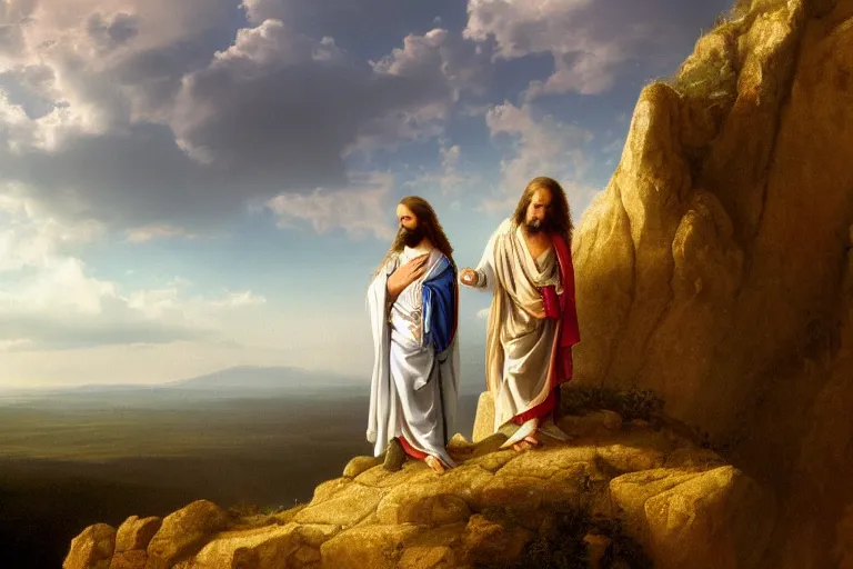 Image similar to a unique digital photo of jesus and mary magdalene standing on a cliff looking over a beautiful landscape in france, rennes - le - chateau, award winning photo, very detailed, very realistic cinematic