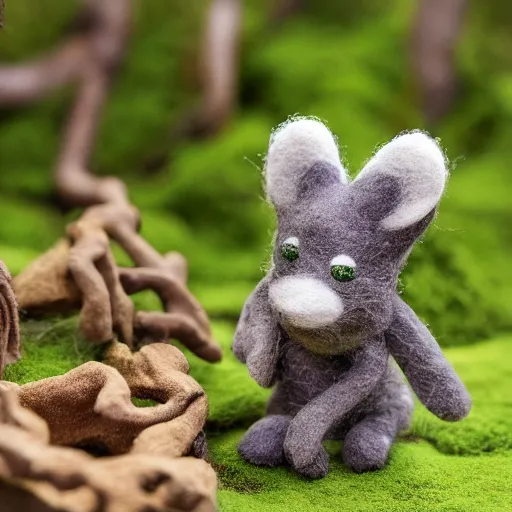 Image similar to high - res photograph of a claymation sculpture action figure cute fluffy critters, highly detailed sculpey diorama, forest setting, waterfall backdrop, realistic materials, wood, felt, cloth, burlap, smooth, sharp foccus, commercial product photography,