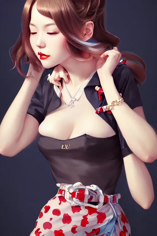 Image similar to a pin up and beautiful fashion charming dreamlke japan girl with lv jewelry, character art, art by artgerm lau and wlop and and ilya kuvshinov and john singer sargent, hyperdetailed, 8 k realistic, symmetrical, frostbite 3 engine, cryengine, dof, trending on artstation, digital art