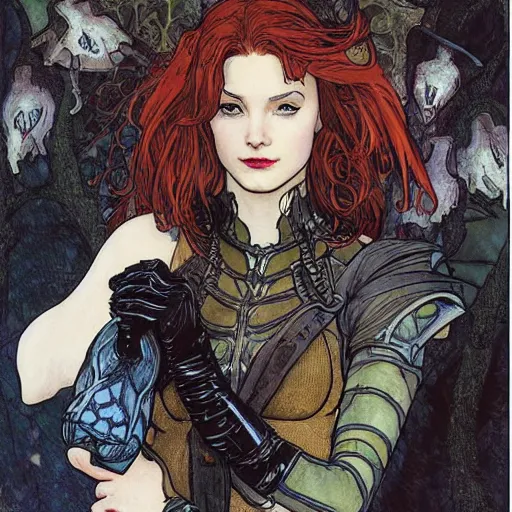 Prompt: a beautiful painting of mary jane watson dressed as a goth teenager, leather armored, dark eyeliner, intricate, elegant, highly detailed, digital painting, artstation, concept art, matte, sharp focus, illustration, art byby rebecca guay and by arthur rackham and by alphonse mucha and by john william waterhouse, comic book style!!