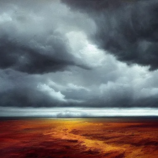 Prompt: sunny day, underlying sense of dread, stormy clouds on the horizon, warm saturated palette, dreary atmosphere, moody, vivid, striking, dramatic, high contrast, masterpiece landscape painting alternative art