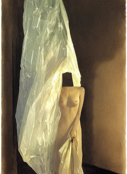 Image similar to woman in a translucent dress made from plastic bag with paper bags for clothes standing inside paper bags with paper bag over the head at store display in a pile of plastic bags Edward Hopper and James Gilleard, Zdzislaw Beksinski, highly detailed