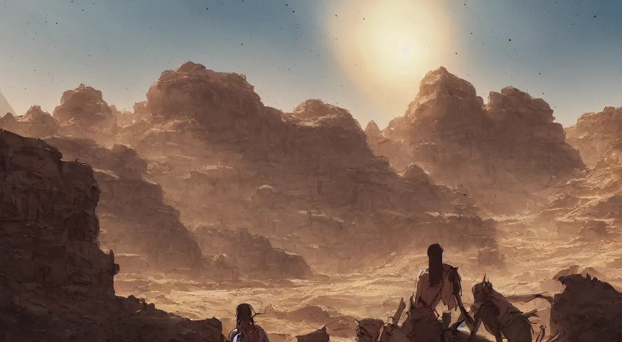 Image similar to egyptian landscape, desert, zombies, by studio ghibli and greg rutkowski,