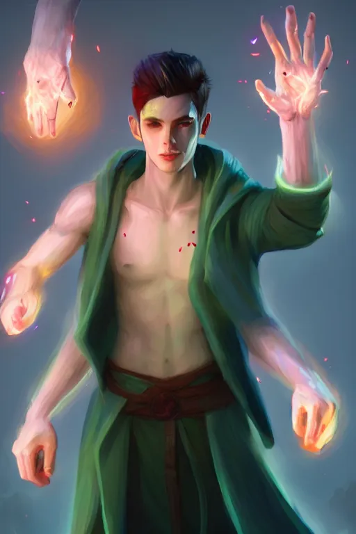 Image similar to a human elemental sorcerer, forest setting, colorful magic, male, white skin, young, sharp, concept art, dynamic lighting, unreal engine