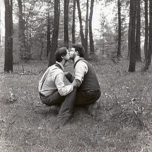 Image similar to cowboys kissing on the woods, 8 0 s, film photograph