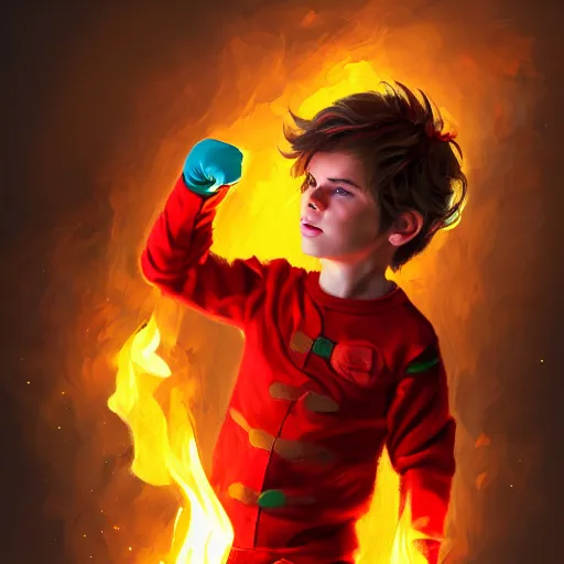 Prompt: colorful and festive captivating young child boy, brown fluffy hair, wearing red and yellow hero suit, shooting a fire ball out of his fist. full body, rich vivid colors, ambient lighting, dynamic lighting, 4 k, atmospheric lighting, painted, intricate, highly detailed by charlie bowater