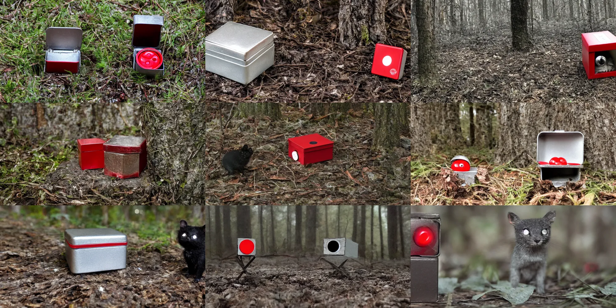 Prompt: In a dark, dreary forest there is a small, silver-colored metal box with a red button on top. Inside of the box is a small, black creature with red eyes. The creature is sitting on a small stool in the center of the box. The creature is staring at the button, and its eyes are glowing red.