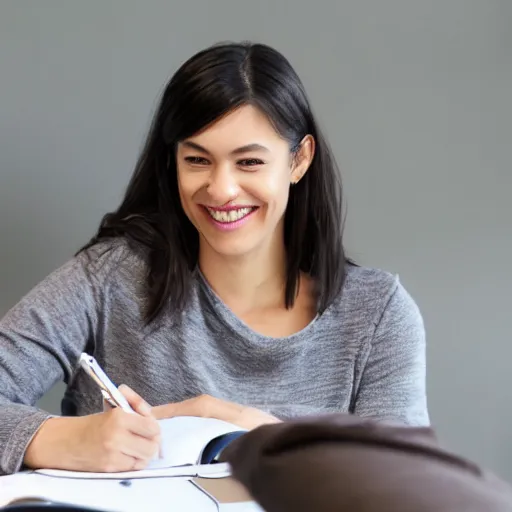 Prompt: a person smiling while taking notes