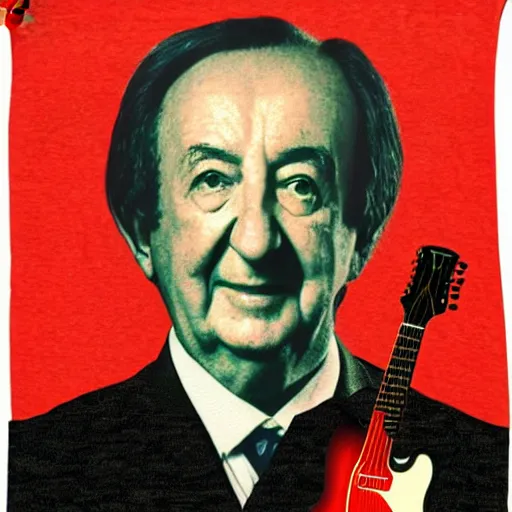 Prompt: a tee shirt on sale on vinted featuring the head of edouard balladur with a guitar and a pretty woman on a red background in the style of a rockstar