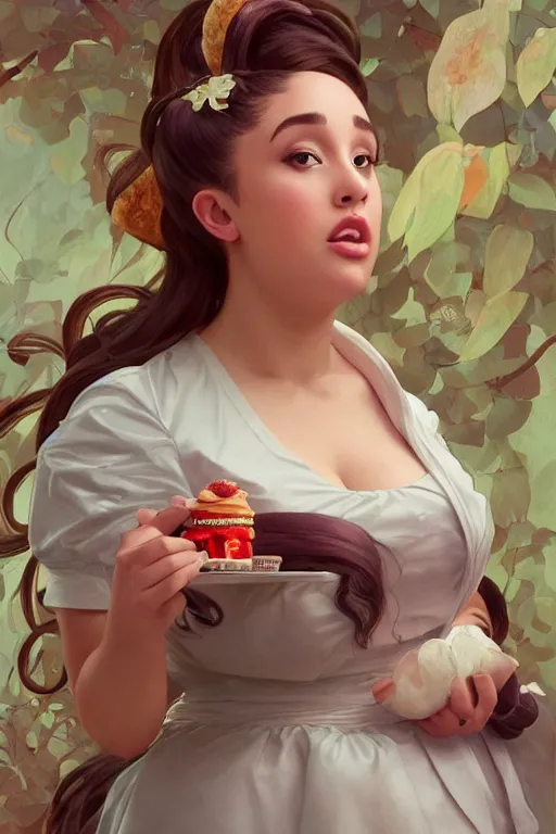 Image similar to obese cottagecore Ariana Grande , food addiction and fat rolls, inside a mc donalds, intricate, elegant, highly detailed, digital painting, artstation, concept art, smooth, sharp, focus, illustration, art by artgerm and greg rutkowski and alphonse mucha