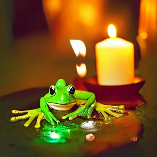 Image similar to intricate romantic candle light dinner of two frogs