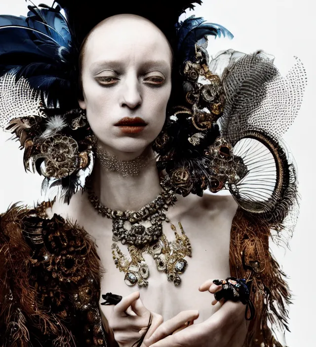 Prompt: photography portrait by paolo roversi of a feminine actress smoking wearing a ornate costume with feathers by iris van herpen, highly detailed, artstation, smooth, sharp foccus, artstation hq, skin grain detail, high detail, creativity in fashion design