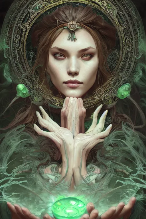 Prompt: beautiful ancient forgotten witch uses jade magic, highly detailed, digital painting, artstation, sharp focus, illustration, art by tan zi and ayanamikodon and alphonse mucha and wlop