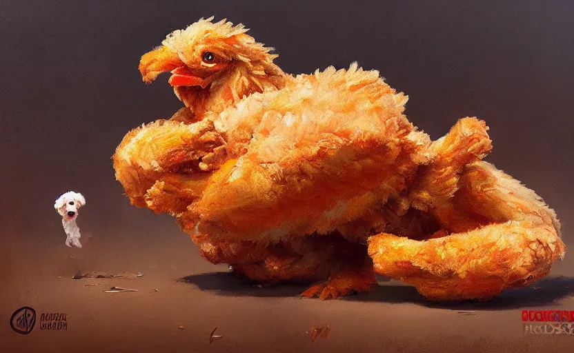 Prompt: a painting of forbidden fried chicken trending on artstation in the style of greg rutkowski, fried, chicken, kfc, puppies, dog, golden doodle