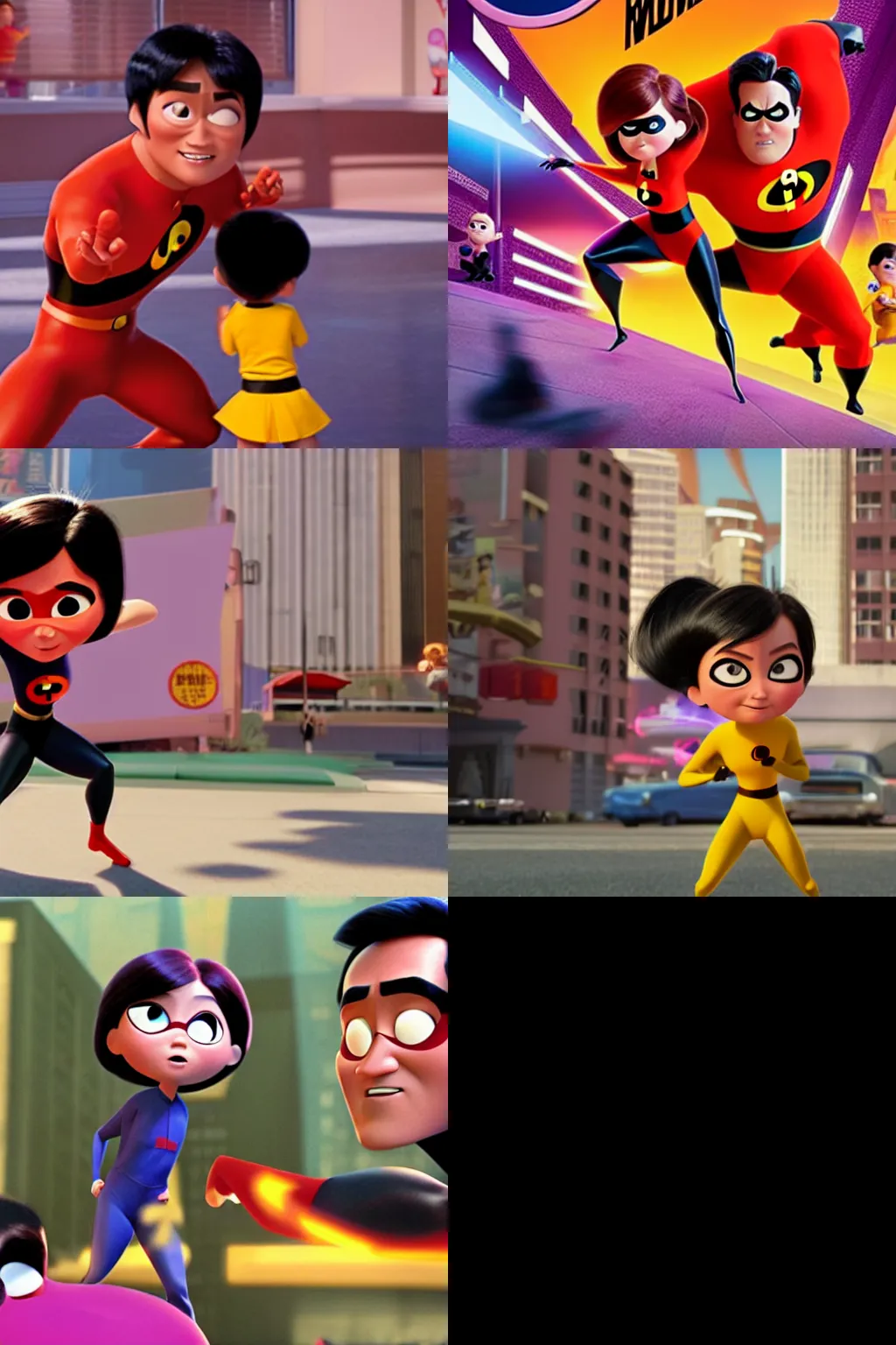 Prompt: In movie Incredibles 2 violet watches a bruce lee movie