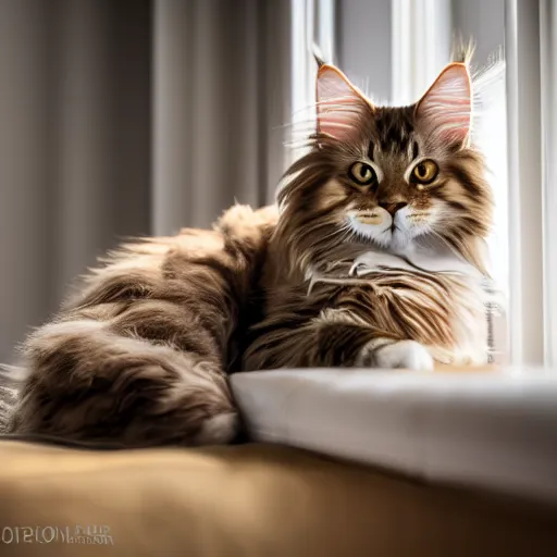 Image similar to portrait cream color maine coon cat curled up, bay window sofa, 8K, 4K, in style of Blanchard Antoine, oversaturated lens flair, bokeh, sunbeam