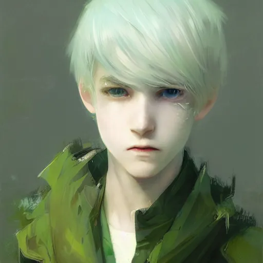 Prompt: a 14 year old teenage ghost boy with pale skin white hair and glowing green eyes. White breath showing in the cold air. Kuvshinov ilya. Ruan Jia. By Greg Rutkowski