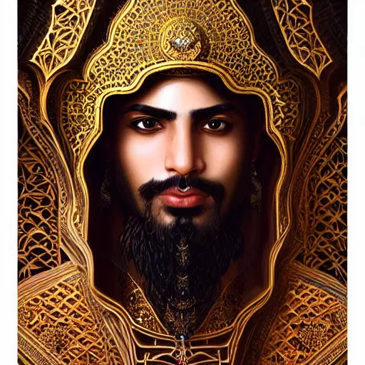 Image similar to Beautiful portrait of a Persian Prince who is an architect, handsome, face painting, attractive young man, architecture, dramatic lighting, intricate, wild, highly detailed, digital painting, artstation, persian style architecture, concept art, smooth, sharp focus, illustration, art by artgerm and greg rutkowski and alphonse mucha, footage from space camera