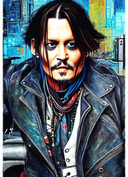 Image similar to johnny depp in a cyberpunk city by james jean, manuel sanjulian