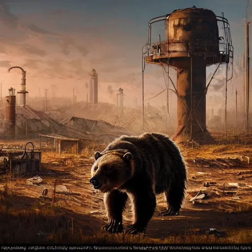 Prompt: a steampunk cyborg grizzly bear walking in a wasteland, abandoned barn in the background, collapsed water tower, painting by Greg Rutkowski, Felix Kelly and Syd Mead, high detail, atmospheric lighting, matte painting, 4k UHD
