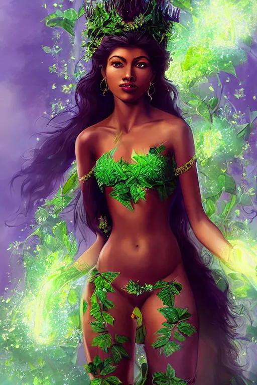 Prompt: portrait of a beautiful seductive dark skinned sri lankan girl as titania, summer queen. faerie queen. queen of light, green, poison ivy, made by caravaggio stanley artgerm lau wlop rossdraws artstation cgsociety concept art cgsociety octane render