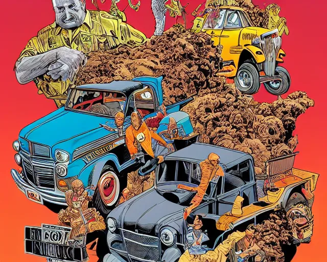 Image similar to a portrait of an old pickup truck by arthur adams and geof darrow and mike deodato and al feldstein and moebius and chip zdarsky