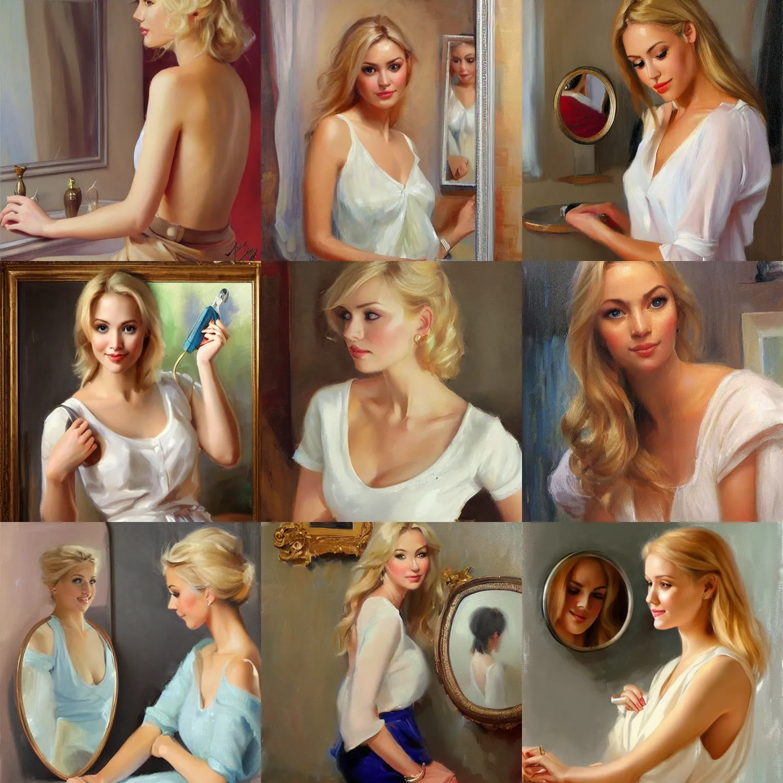 Prompt: blonde young beautiful wife in low-cut blouse in front of a mirror, painting by Vladimir Volegov