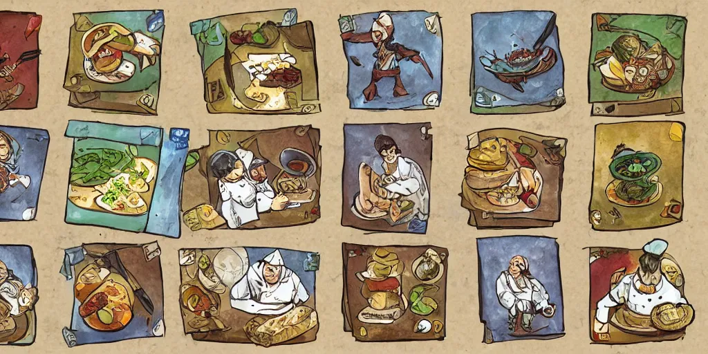 Prompt: card design concept art for a fantasy game about chefs and food and monsters, symmetrical, magic, by settlers of catan and cosmic encounters and fantasy fights