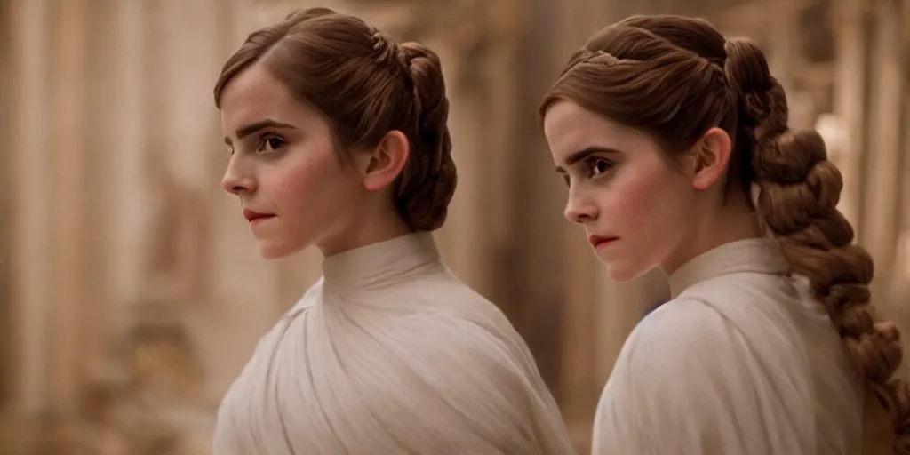 Image similar to Emma Watson as Princess Leia long hair flowing robes baroque room cinematic lighting stanley kubrick barry lyndon Canon eos M50 200mm