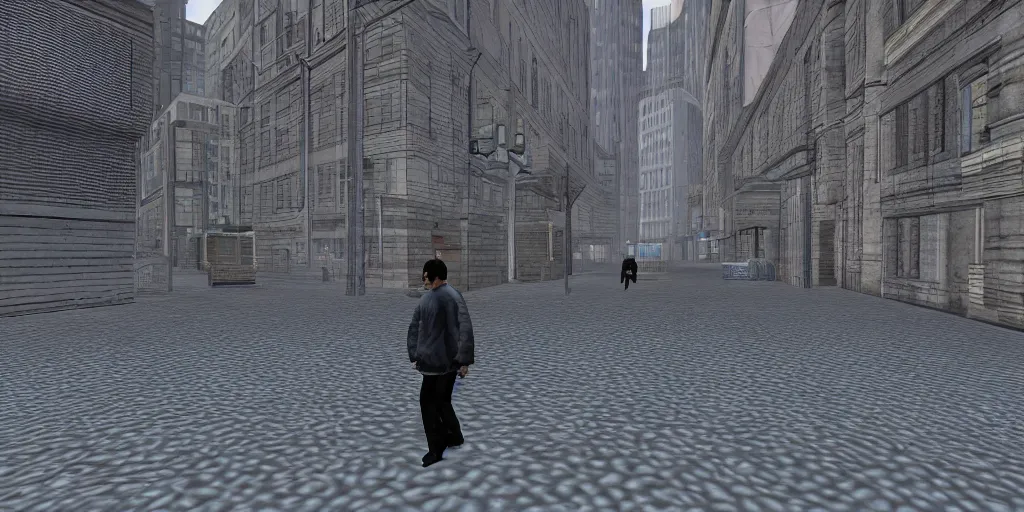 Image similar to PS1 game, third person, man walking through city, static white noise glitching in the sky