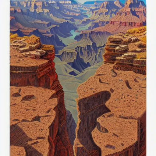 Prompt: doglike creature standing in the grand canyon, extreme detail, abstract realism, highly ornate intricate details, 1 9 2 0's colored pencil, 4 k, cinematic lighting,