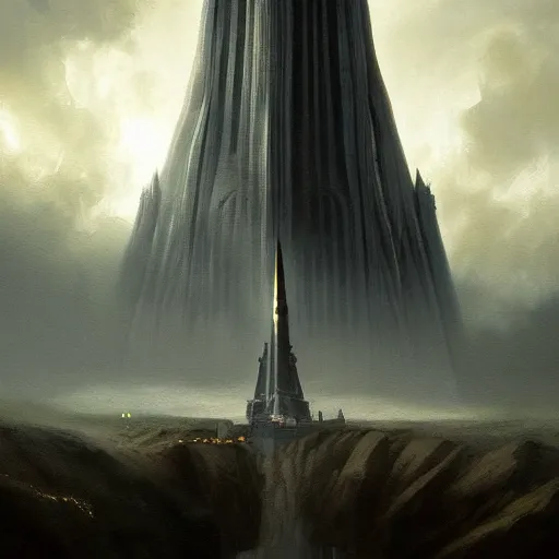 Prompt: the tower of orthanc from lord of the rings, dramatic lighting, chiaroscuro, high detail, painted by greg rutkowski, painted by igor kieryluk, painted by bobby chiu, trending on artstation