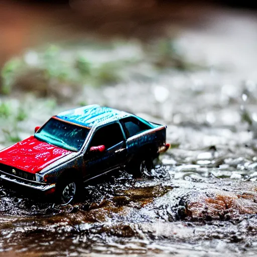 Prompt: macro photography of a hot wheels car driving through a creek in the rain, 3 5 mm