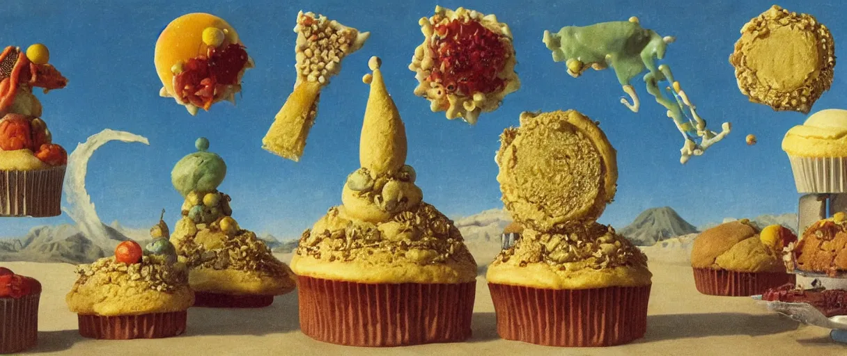 Image similar to surrealist pastry desserts, cupcake, layer cake, pies by max ernst in a california desert landscape