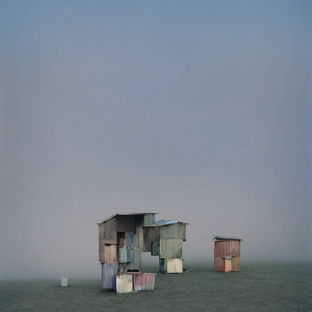 Image similar to vertically stacked makeshift squatter shacks with pastel colours, plain uniform sky at the back, misty, mamiya, ultra sharp, very detailed, photographed by alejandro jodorowsky