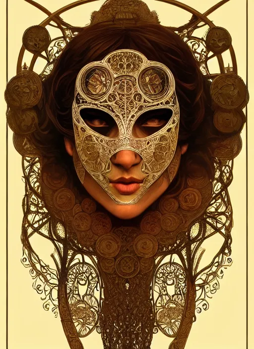 Prompt: a mask of my own face, intricate, elegant, highly detailed, lighting, painting, artstation, smooth, illustration, art by greg rutowski and alphonse mucha