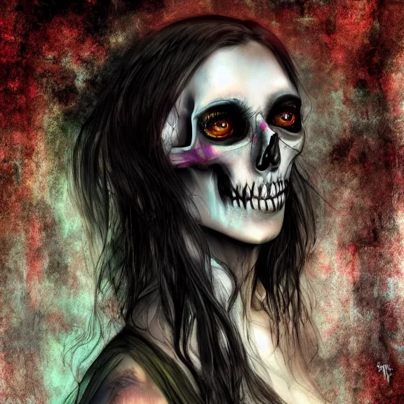 Image similar to Morrigan, cinematic flavor, rich decaying colors!, digital painting, skull liminal void background, a real picture taken by skull