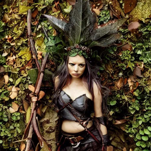 Image similar to a determined dnd deep gnome druid with leather clothing and leaves and sticks in her hair, photo by annie leibovitz
